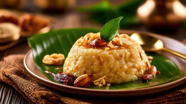 Sweet Pongal dish with cashews on a banana leaf