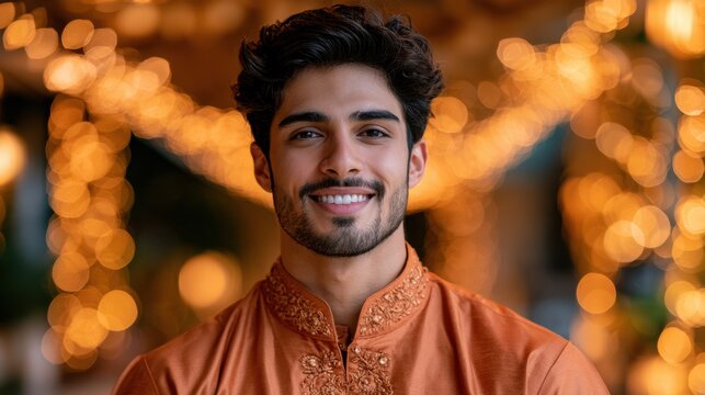 Smiling young man in an orange kurta with festive lights