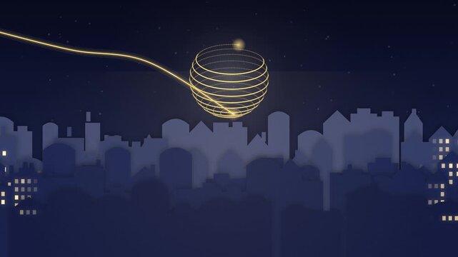 Golden thread coils into a glowing sphere above the quiet city