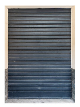 Dark metal rolling shutter on commercial storefront or garage entrance reflecting closed business security or urban industrial architecture. Cut out on white clipping path included